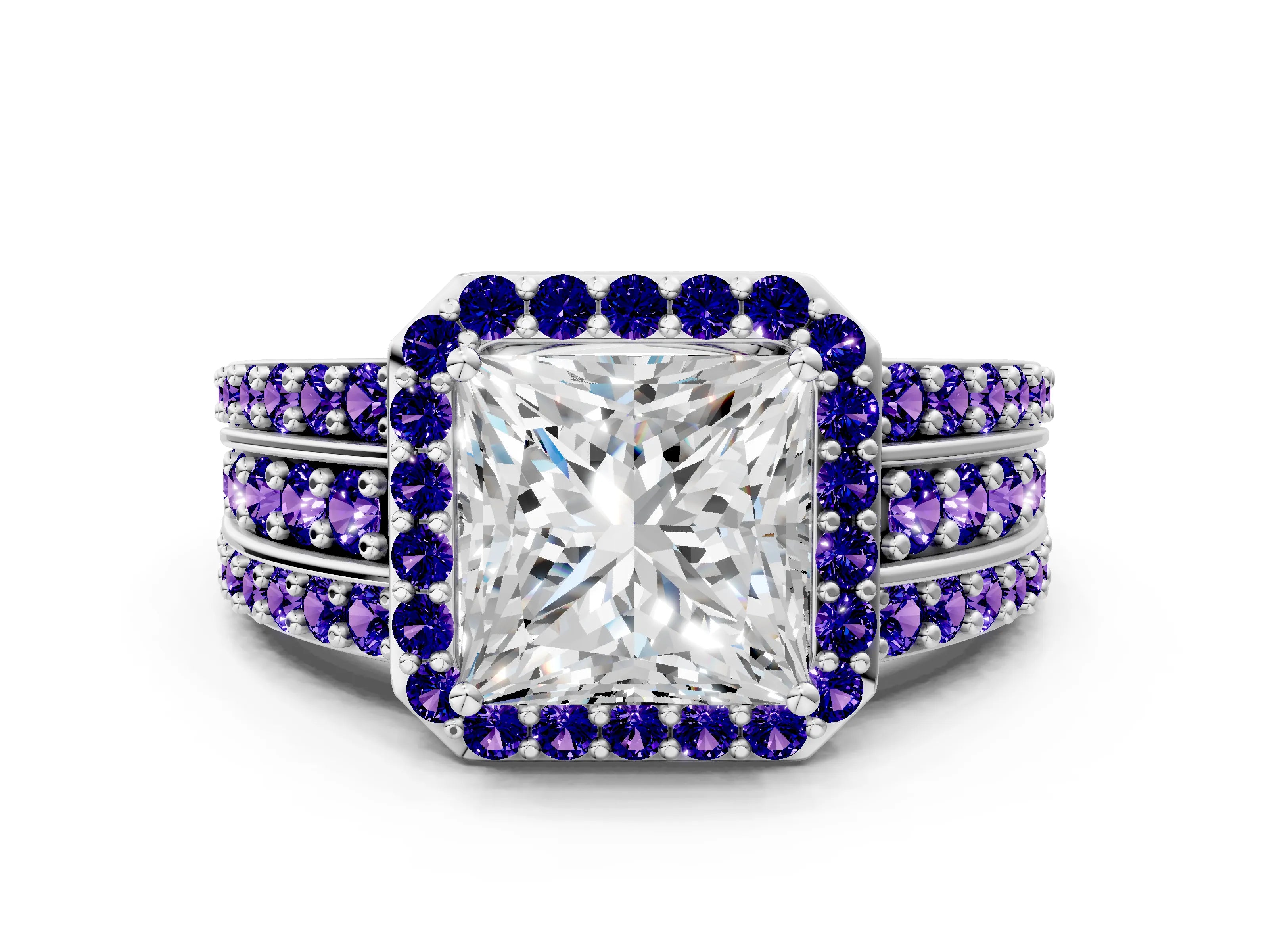 White gold Princess Cut Halo Diamond Ring with Round with Tanzanite side stone Split Shank and Prong Setting_12