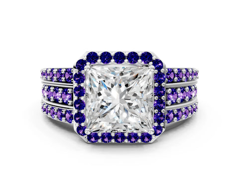 White gold Princess Cut Halo Diamond Ring with Round with Tanzanite side stone Split Shank and Prong Setting_12