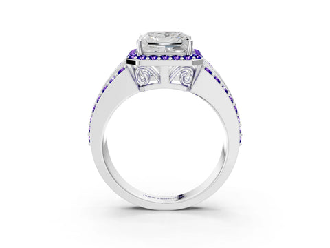 White gold Princess Cut Halo Diamond Ring with Round with Tanzanite side stone Split Shank and Prong Setting_15