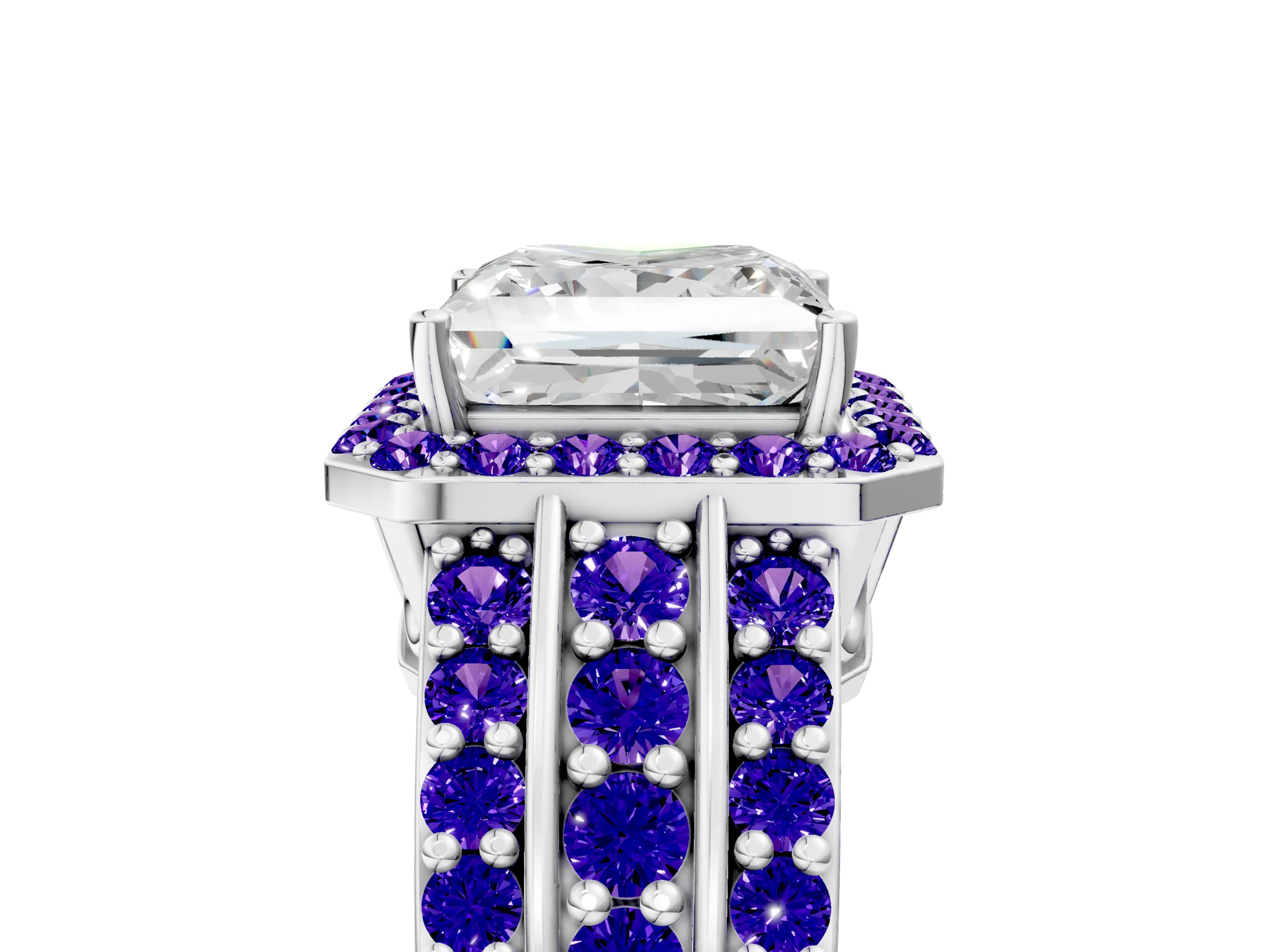 White gold Princess Cut Halo Diamond Ring with Round with Tanzanite side stone Split Shank and Prong Setting_17