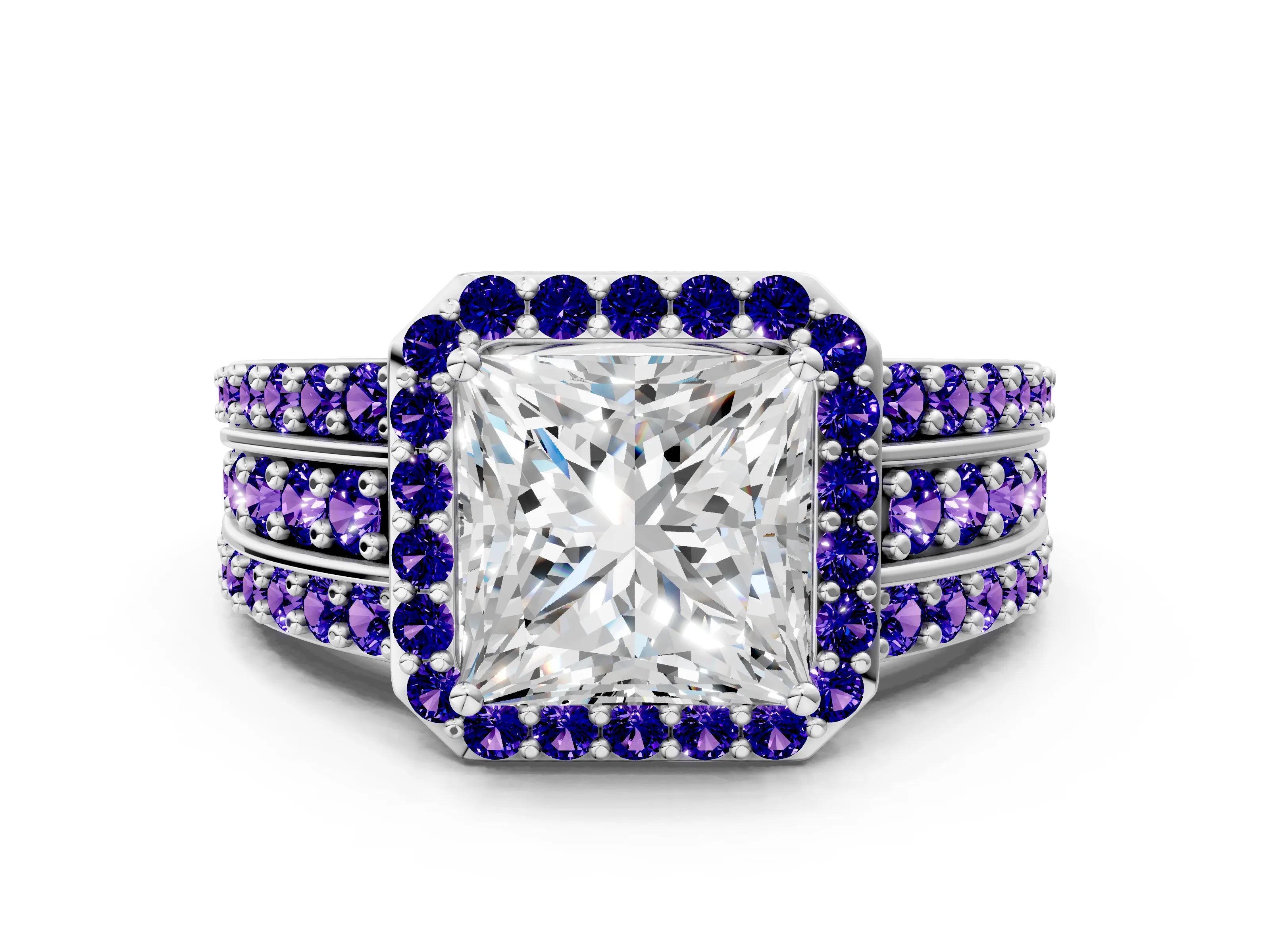 White gold Princess Cut Halo Diamond Ring with Round with Tanzanite side stone Split Shank and Prong Setting_18