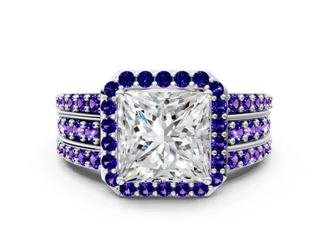 White gold Princess Cut Halo Diamond Ring with Round with Tanzanite side stone Split Shank and Prong Setting_18