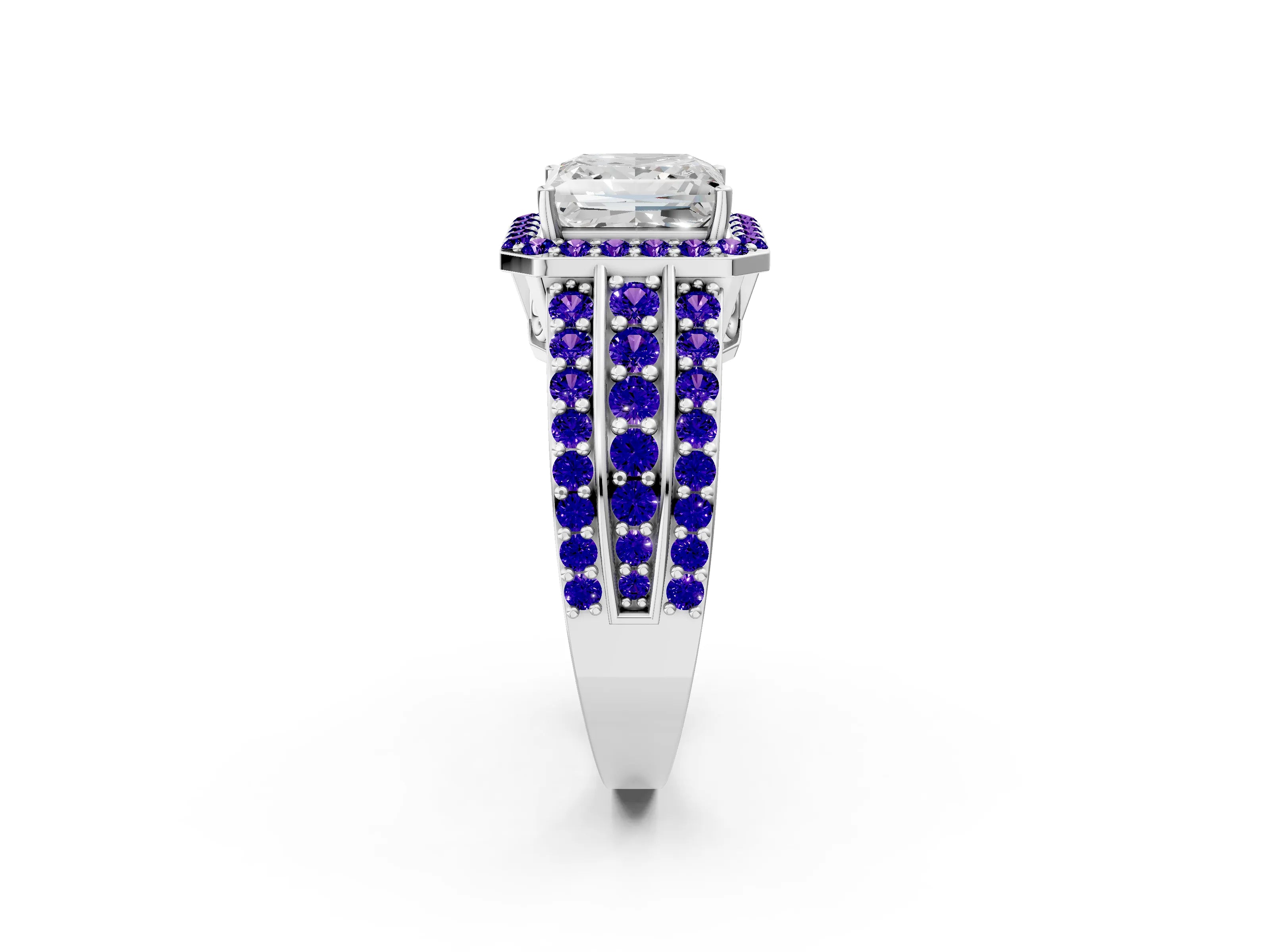 White gold Princess Cut Halo Diamond Ring with Round with Tanzanite side stone Split Shank and Prong Setting_20