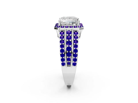 White gold Princess Cut Halo Diamond Ring with Round with Tanzanite side stone Split Shank and Prong Setting_20