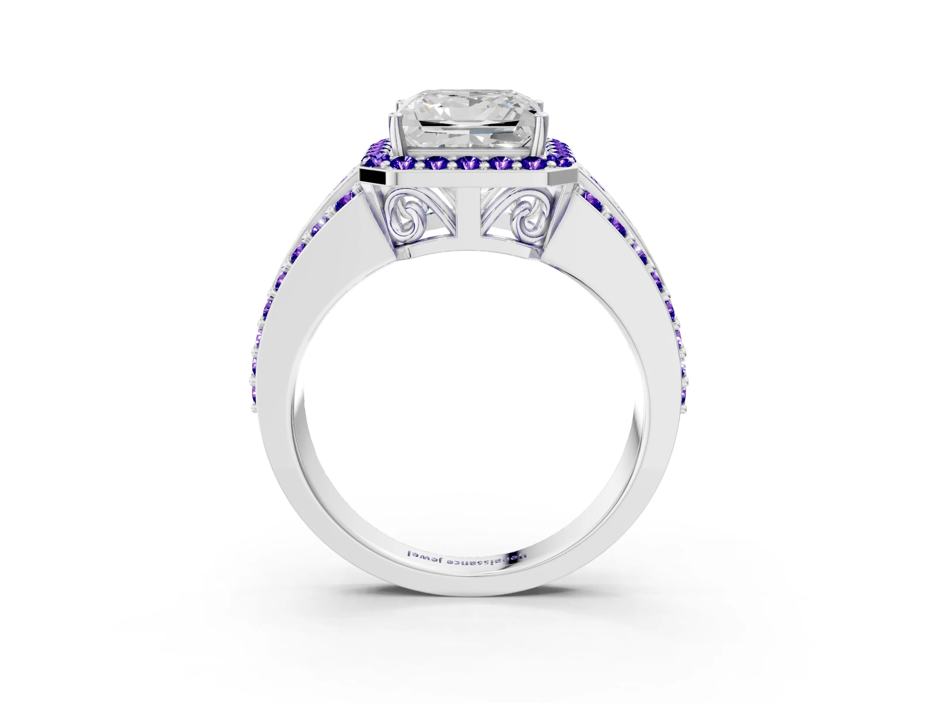White gold Princess Cut Halo Diamond Ring with Round with Tanzanite side stone Split Shank and Prong Setting_21