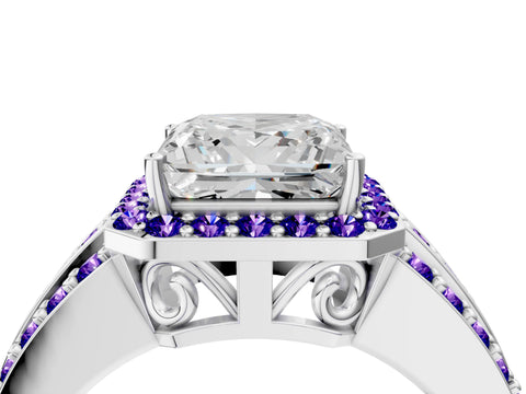White gold Princess Cut Halo Diamond Ring with Round with Tanzanite side stone Split Shank and Prong Setting_22