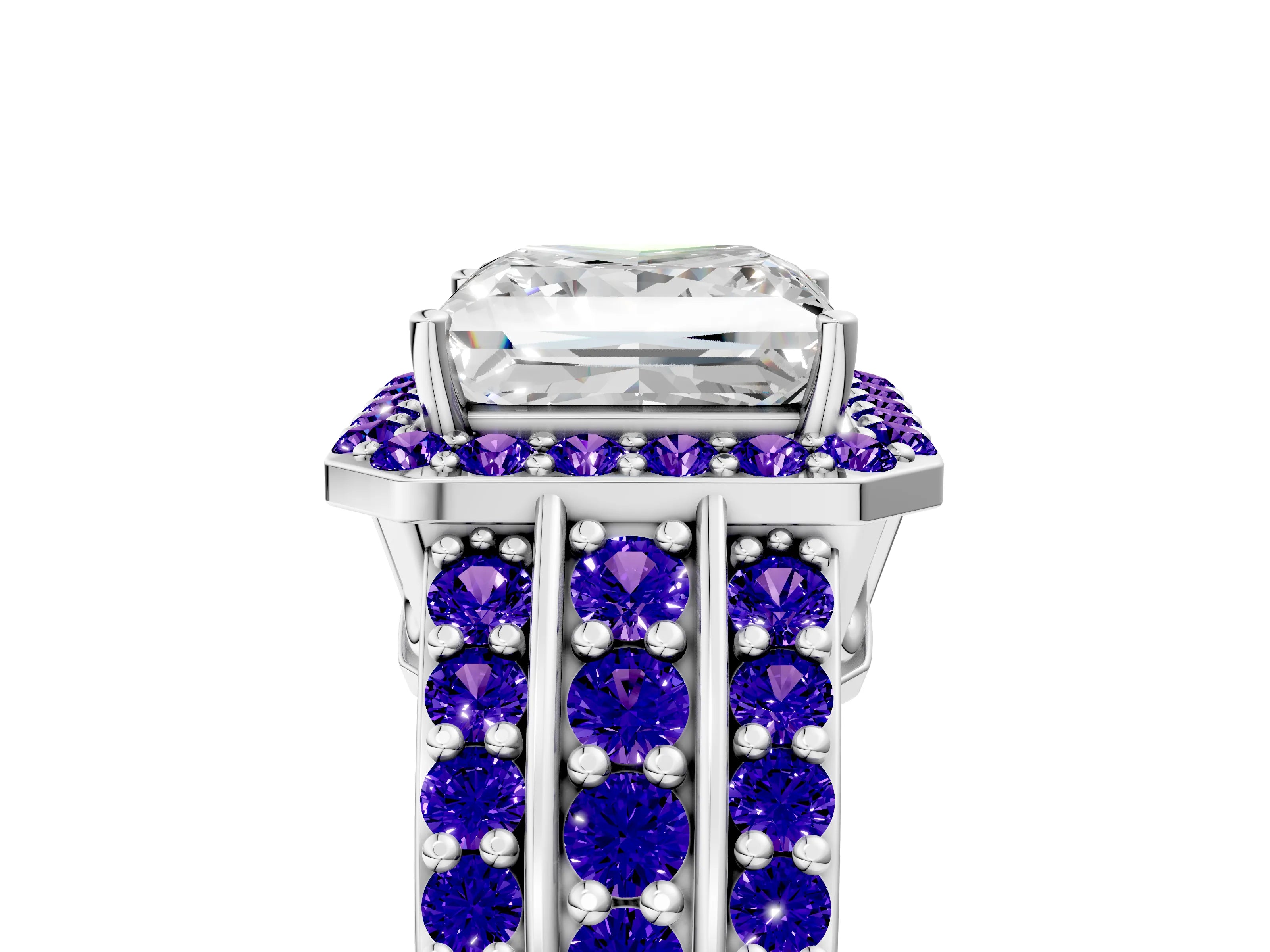 White gold Princess Cut Halo Diamond Ring with Round with Tanzanite side stone Split Shank and Prong Setting_23