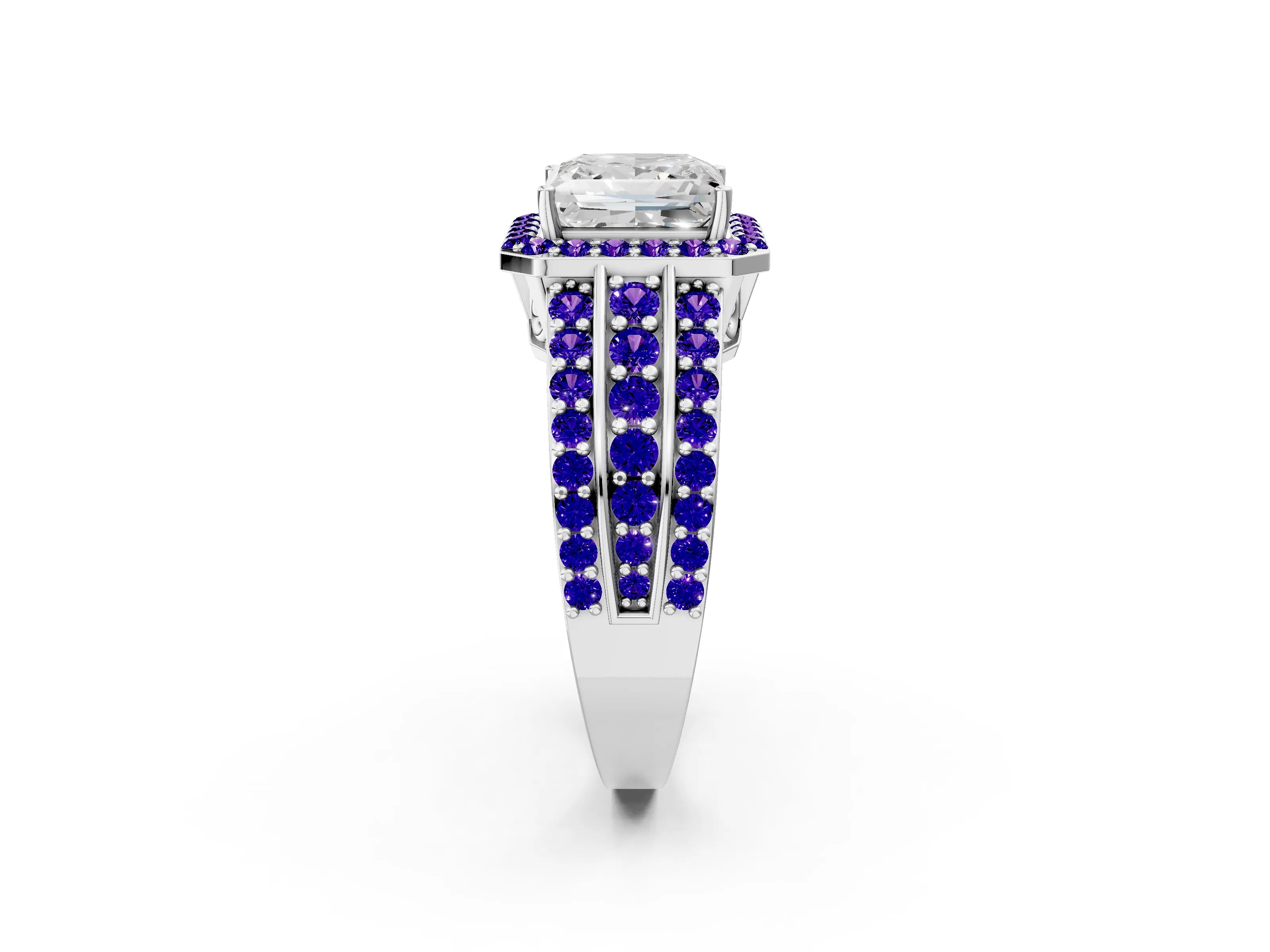 White gold Princess Cut Halo Diamond Ring with Round with Tanzanite side stone Split Shank and Prong Setting_2