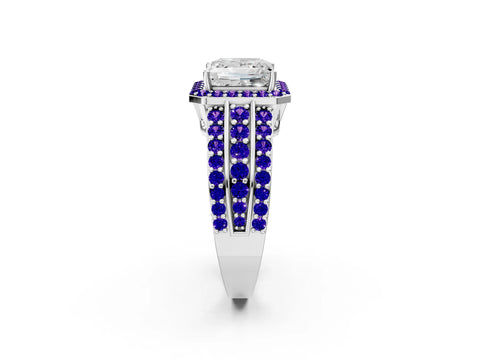 White gold Princess Cut Halo Diamond Ring with Round with Tanzanite side stone Split Shank and Prong Setting_2