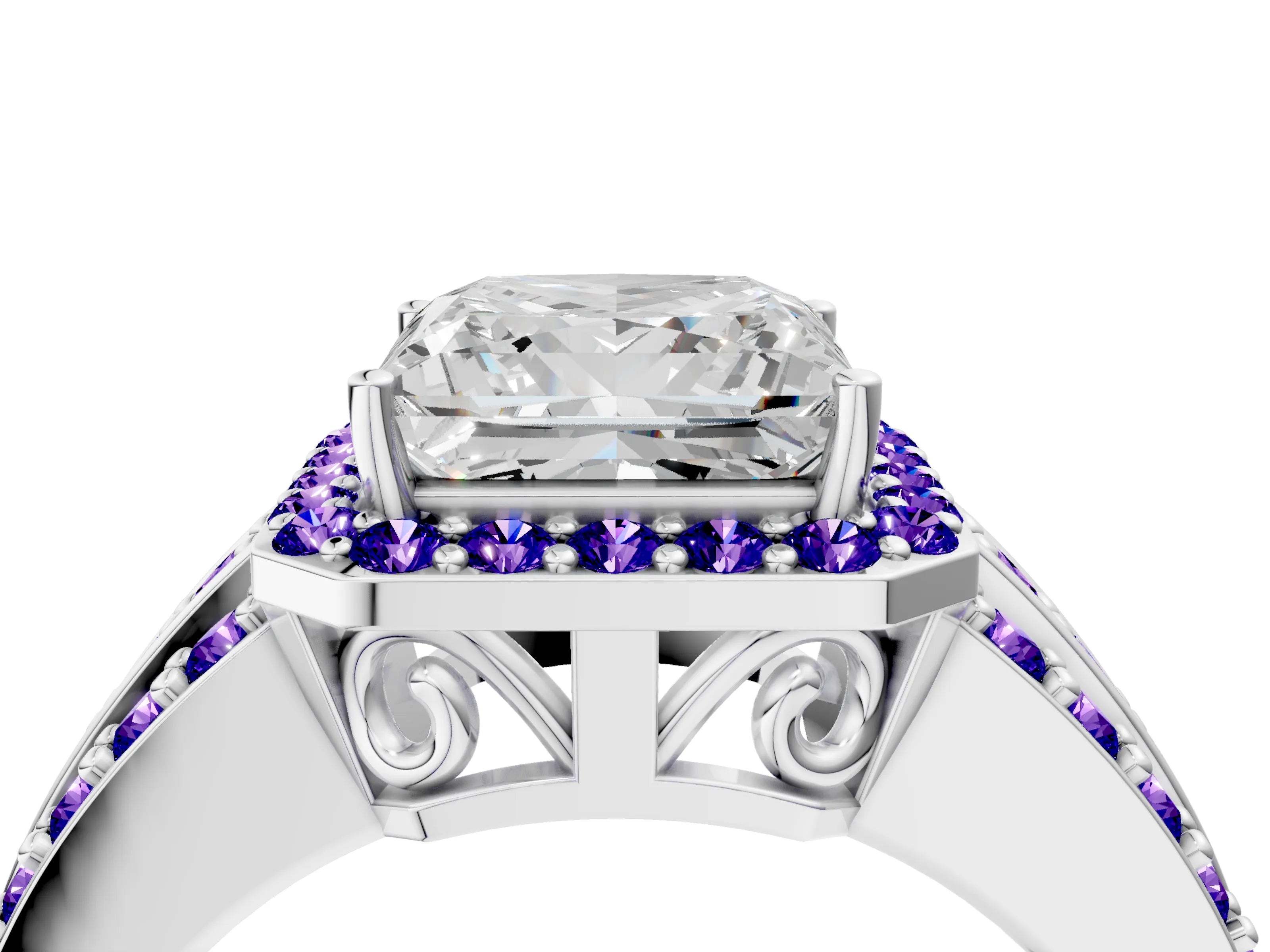 White gold Princess Cut Halo Diamond Ring with Round with Tanzanite side stone Split Shank and Prong Setting_4