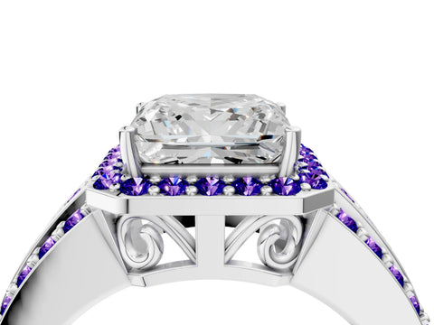 White gold Princess Cut Halo Diamond Ring with Round with Tanzanite side stone Split Shank and Prong Setting_4