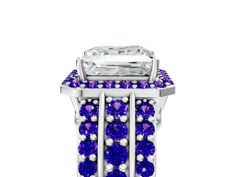 White gold Princess Cut Halo Diamond Ring with Round with Tanzanite side stone Split Shank and Prong Setting_5