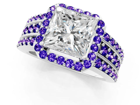 White gold Princess Cut Halo Diamond Ring with Round with Tanzanite side stone Split Shank and Prong Setting_7
