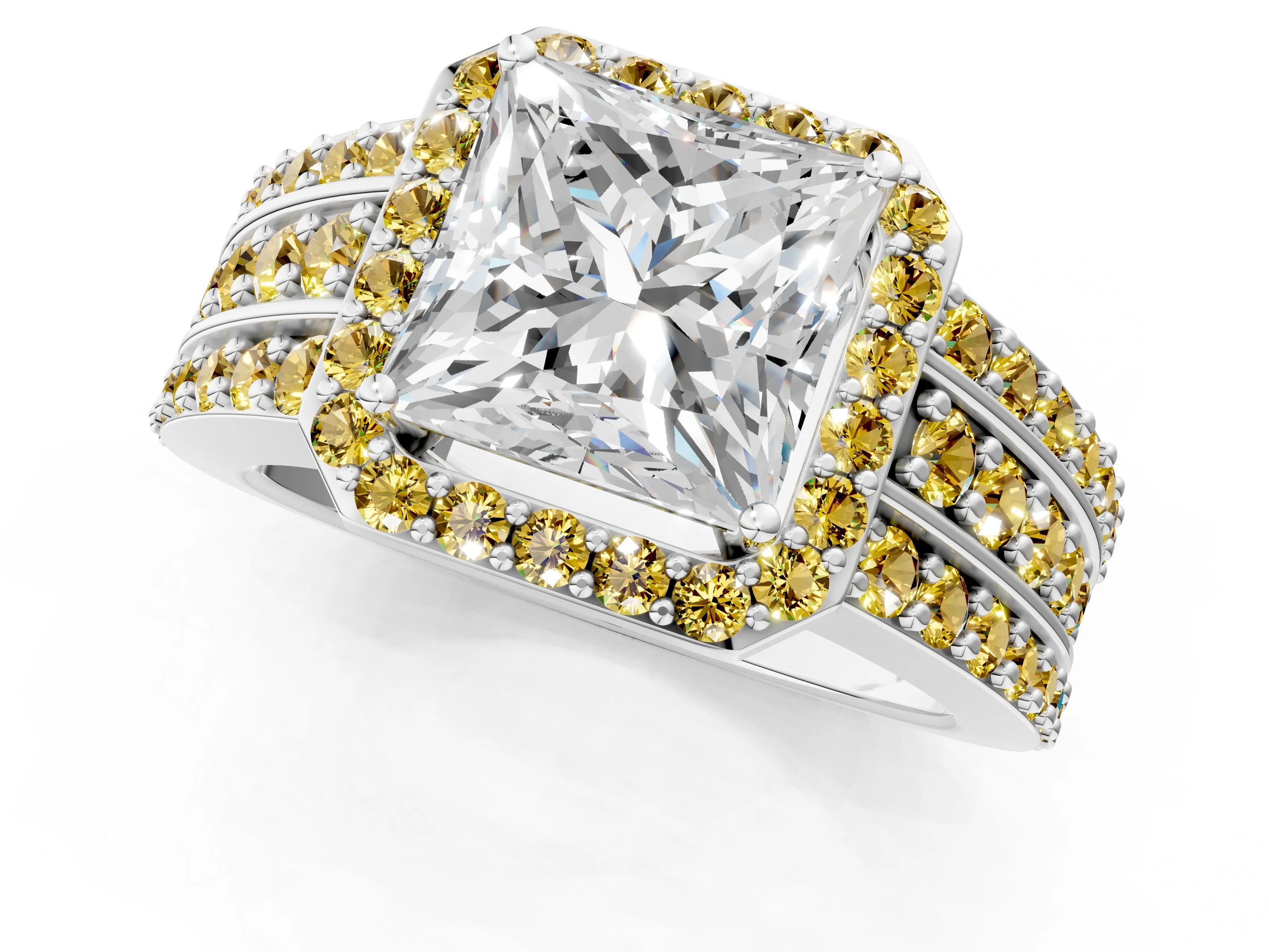 White gold Princess Cut Halo Diamond Ring with Round with Yellow Sapphire side stone Split Shank and Prong Setting_25