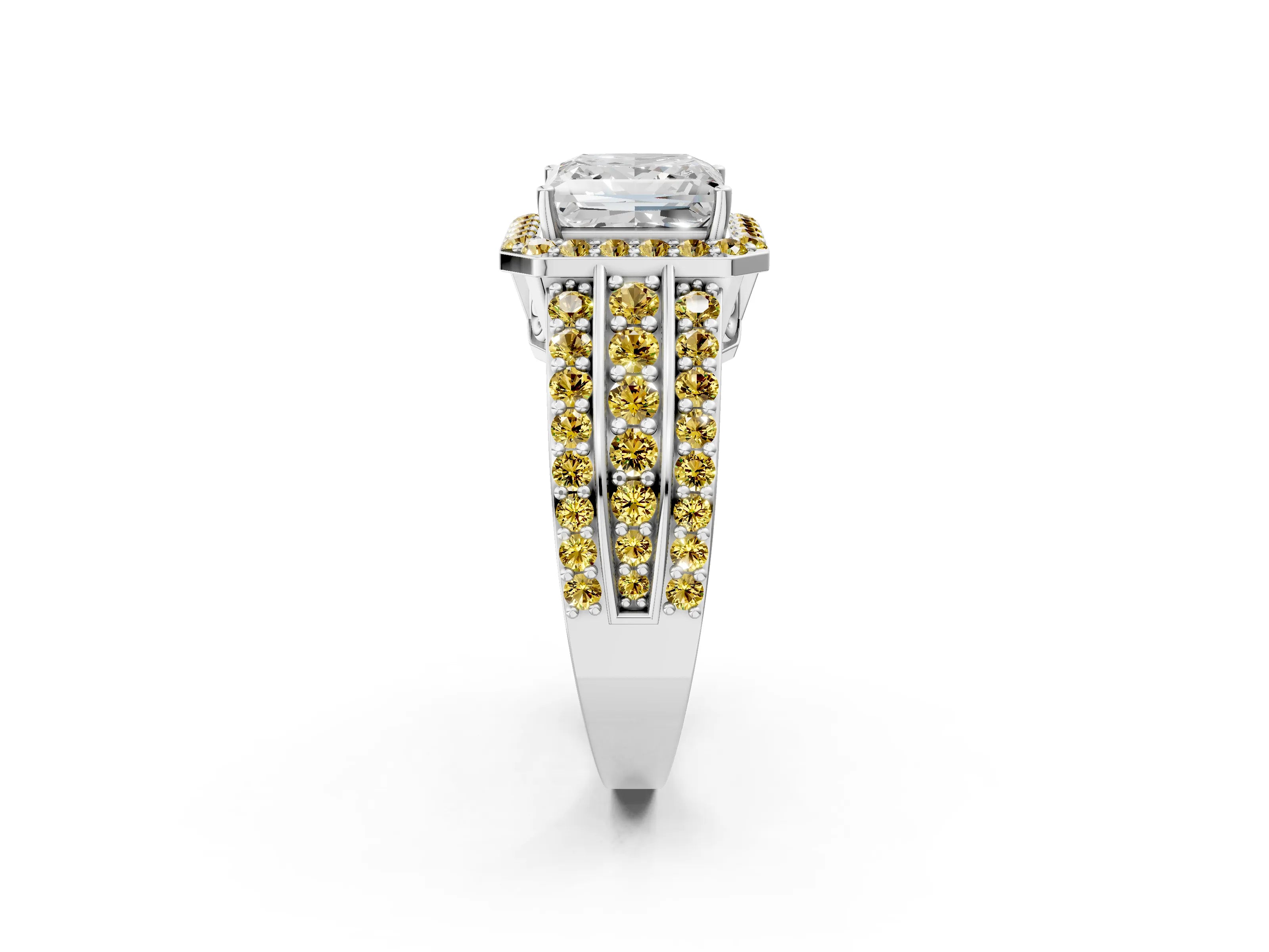 White gold Princess Cut Halo Diamond Ring with Round with Yellow Sapphire side stone Split Shank and Prong Setting_26