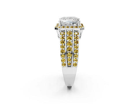 White gold Princess Cut Halo Diamond Ring with Round with Yellow Sapphire side stone Split Shank and Prong Setting_26