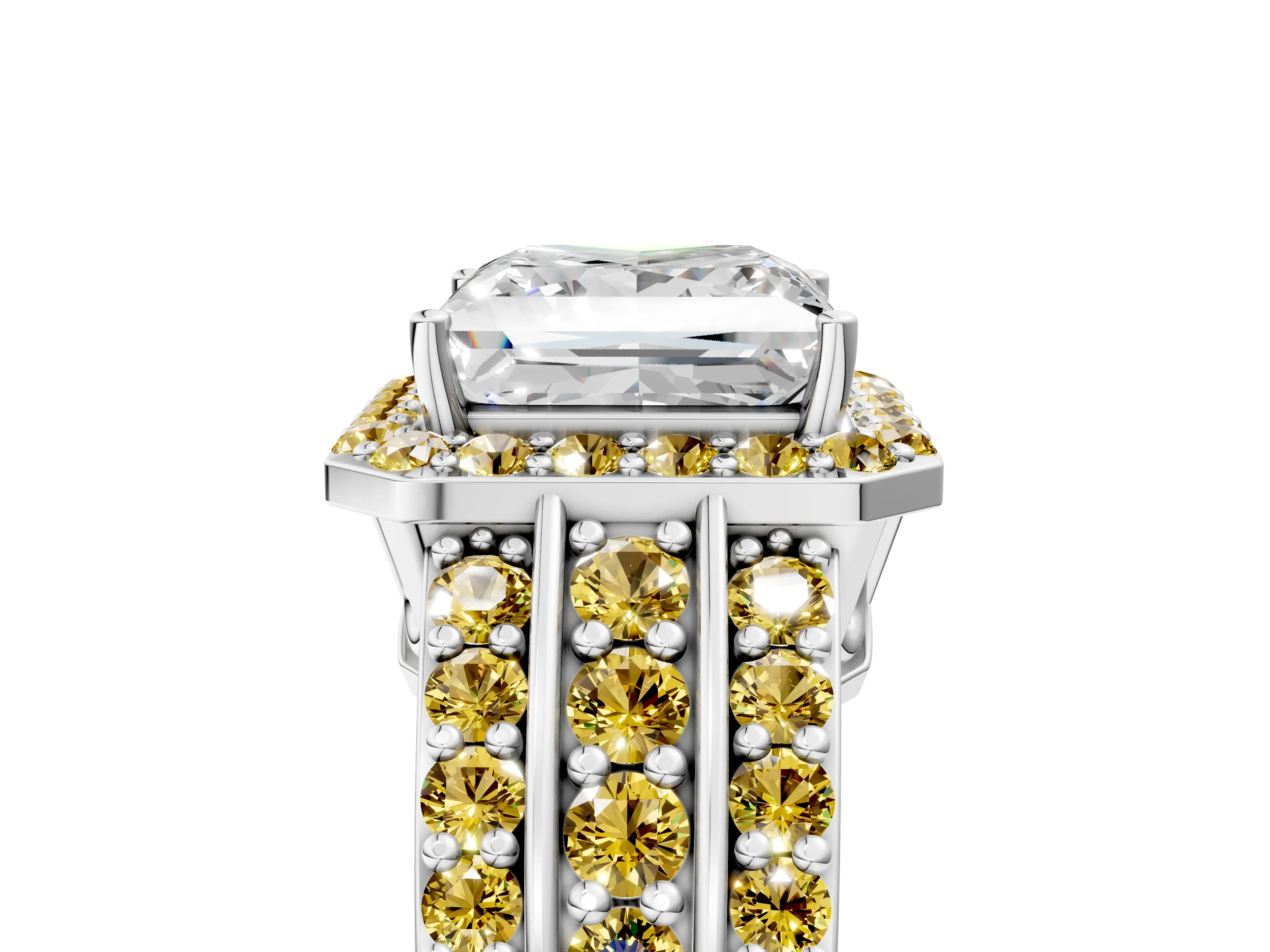 White gold Princess Cut Halo Diamond Ring with Round with Yellow Sapphire side stone Split Shank and Prong Setting_29