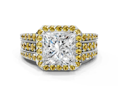 White gold Princess Cut Halo Diamond Ring with Round with Yellow Sapphire side stone Split Shank and Prong Setting_36