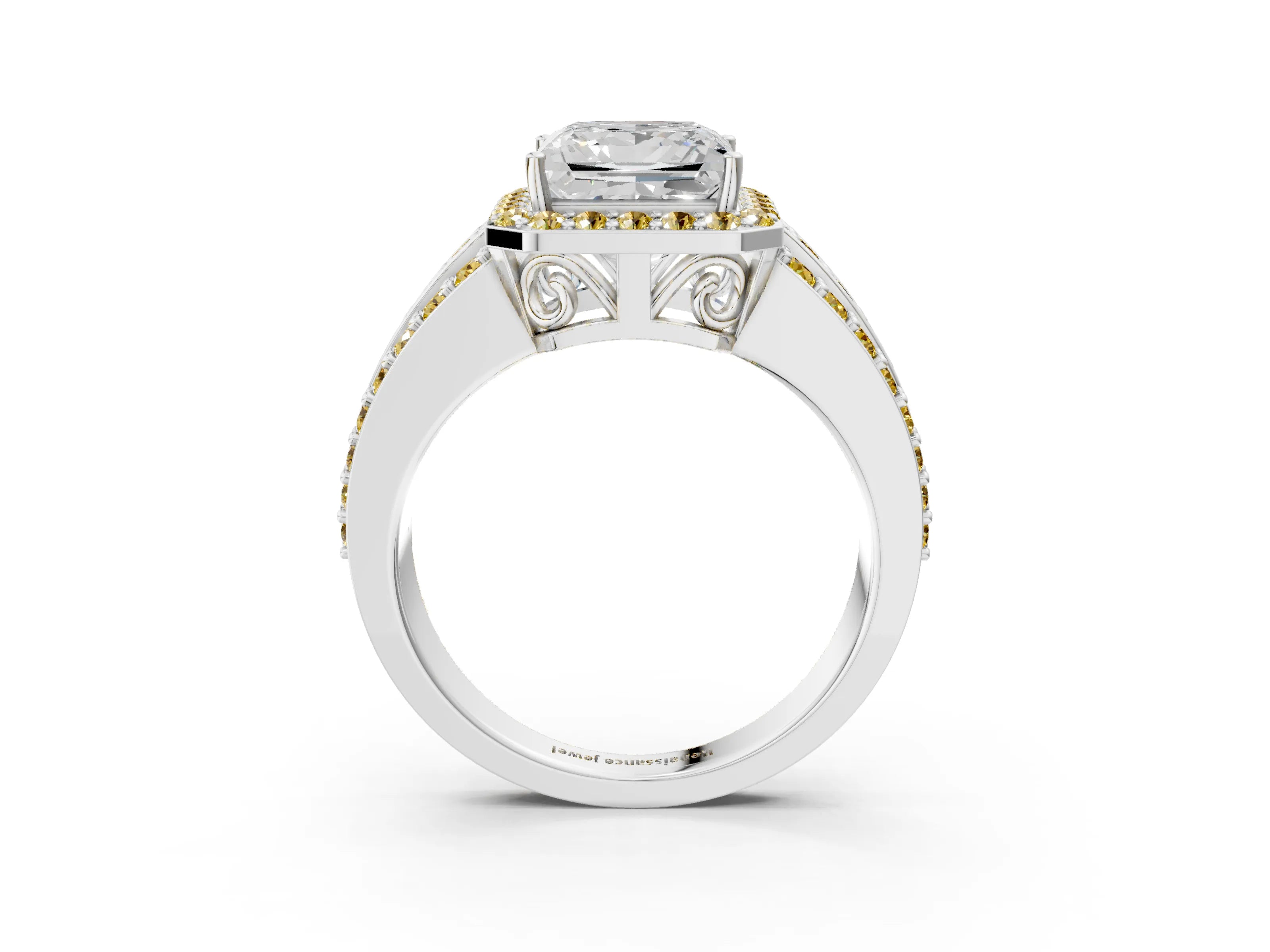 White gold Princess Cut Halo Diamond Ring with Round with Yellow Sapphire side stone Split Shank and Prong Setting_39