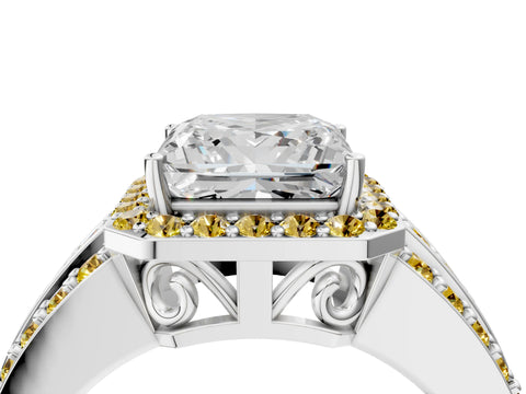 White gold Princess Cut Halo Diamond Ring with Round with Yellow Sapphire side stone Split Shank and Prong Setting_40