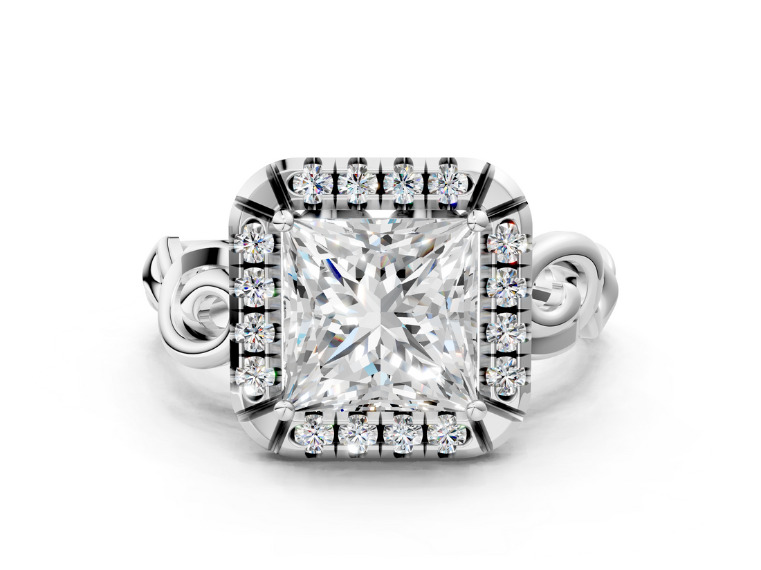 White gold Princess Cut Halo Diamond Ring with Scrollwork Band and Four-Prong Setting_68