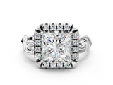 White gold Princess Cut Halo Diamond Ring with Scrollwork Band and Four-Prong Setting_68