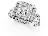 White gold Princess Cut Halo Diamond Ring with Scrollwork Band and Four-Prong Setting_69