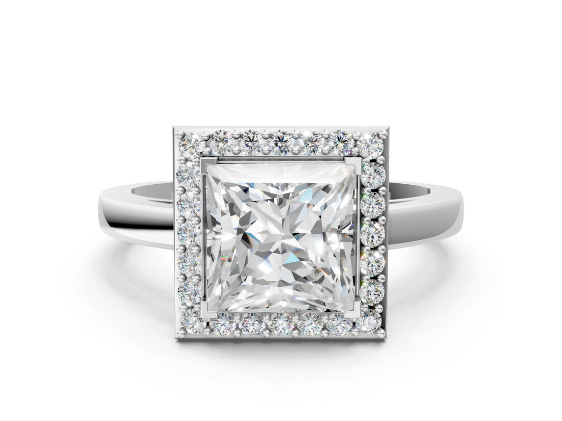 White gold Princess Cut Halo Diamond Ring with Solitaire Band and Prong Setting_7