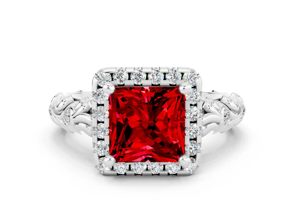 Platinum Princess Cut Ruby Halo Ring with Filigree Band and Prong Setting