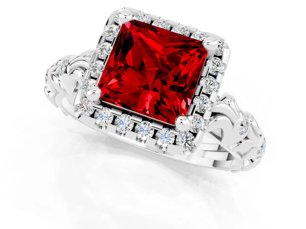 Platinum Princess Cut Ruby Halo Ring with Filigree Band and Prong Setting