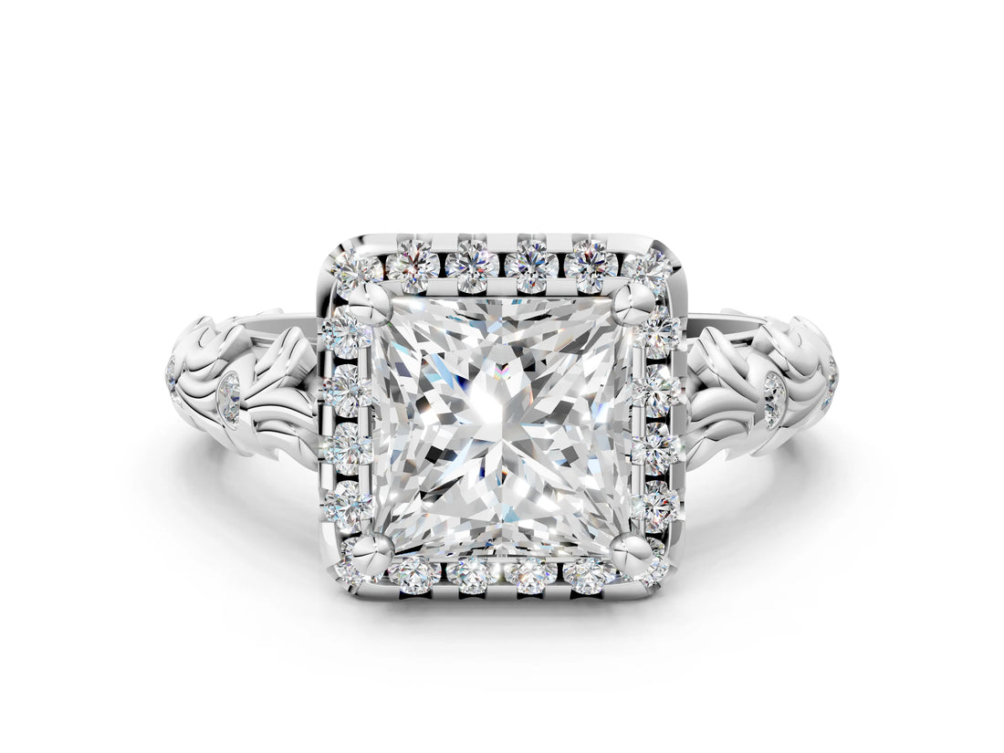 White gold Princess Cut Halo Diamond Solitaire with Filigree Band and Four-Prong Setting_19