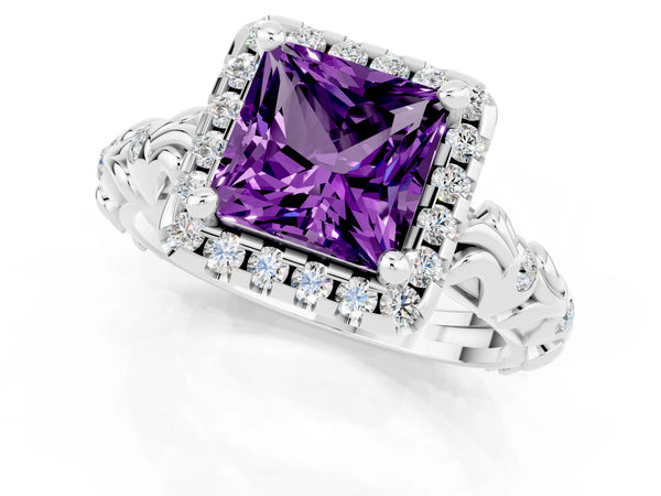 White gold Princess Cut Amethyst Halo Ring with Filigree Band and Prong Setting