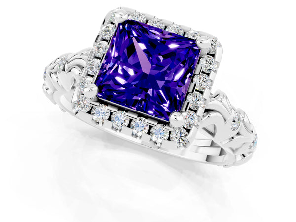 Platinum Princess Cut Tanzanite Halo Ring with Filigree Band and Prong Setting