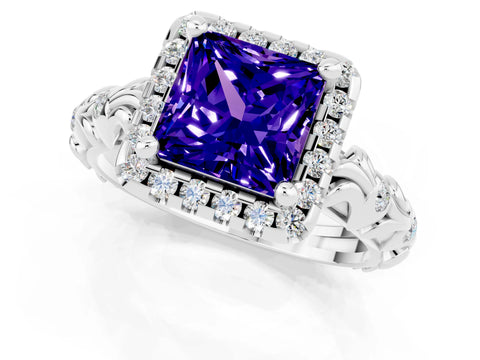 White gold Princess Cut Halo Diamond Solitaire with Filigree Band and Four-Prong Setting_1