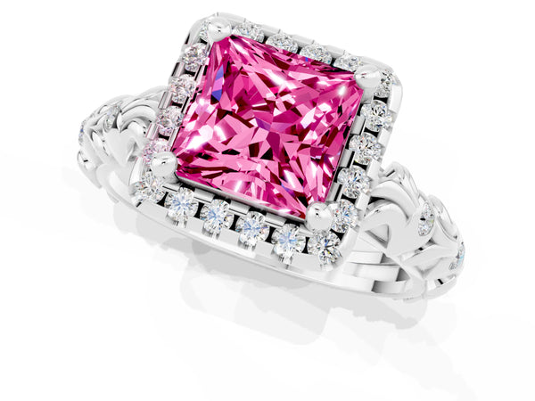 Platinum Princess Cut Pink Sapphire Halo Ring with Filigree Band and Prong Setting