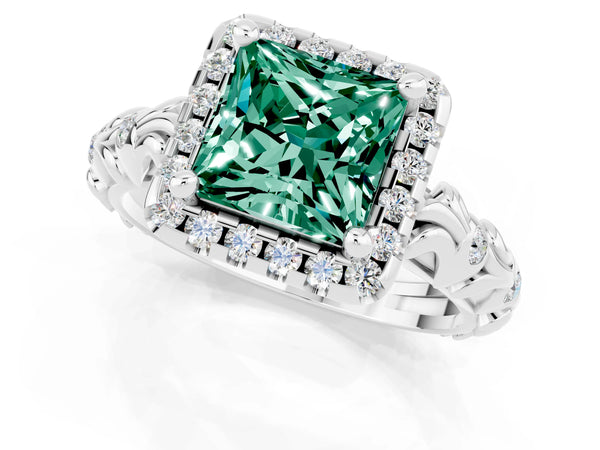 White gold Princess Cut Green Sapphire Halo Ring with Filigree Band and Prong Setting