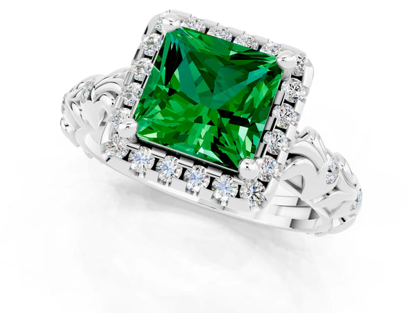 White gold Princess Cut Emerald Halo Ring with Filigree Band and Prong Setting