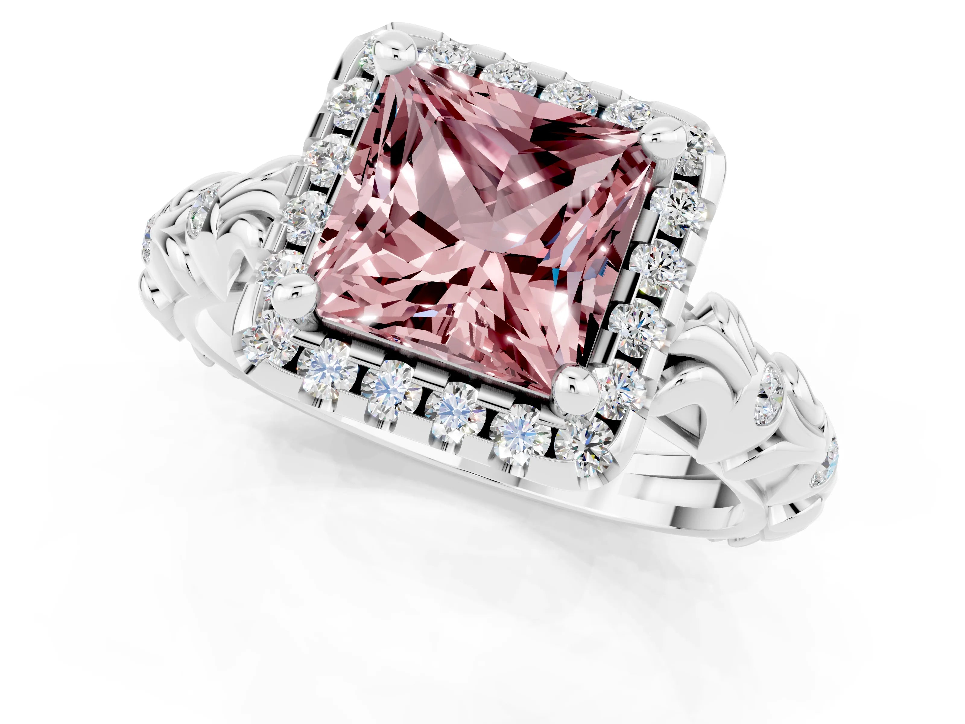White gold Princess Cut Halo Diamond Solitaire with Filigree Band and Four-Prong Setting_1