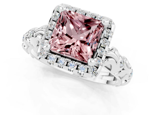 Platinum Princess Cut Halo Diamond Solitaire with Filigree Band and Four-Prong Setting