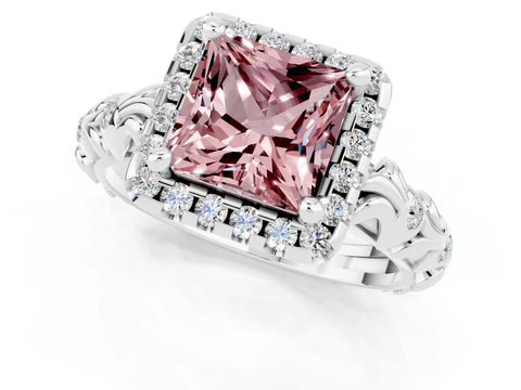 White gold Princess Cut Halo Diamond Solitaire with Filigree Band and Four-Prong Setting_1