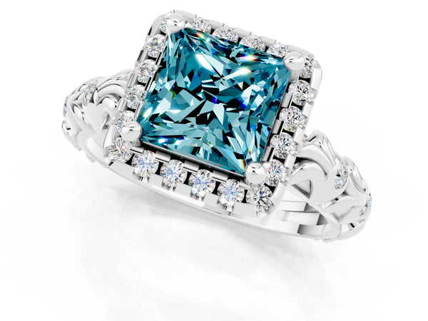 Silver Princess Cut Halo Diamond Solitaire with Filigree Band and Four-Prong Setting