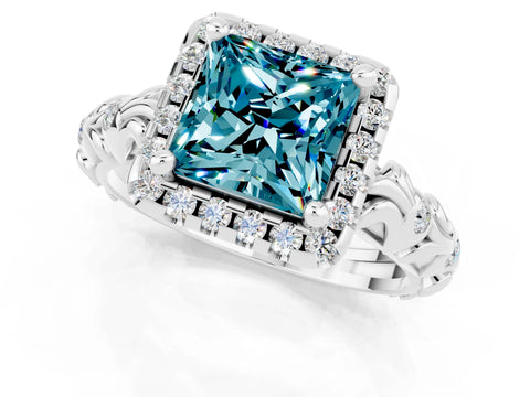 White gold Princess Cut Halo Diamond Solitaire with Filigree Band and Four-Prong Setting_1