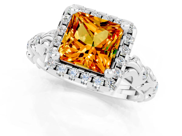 Silver Princess Cut Citrine Halo Ring with Filigree Band and Prong Setting