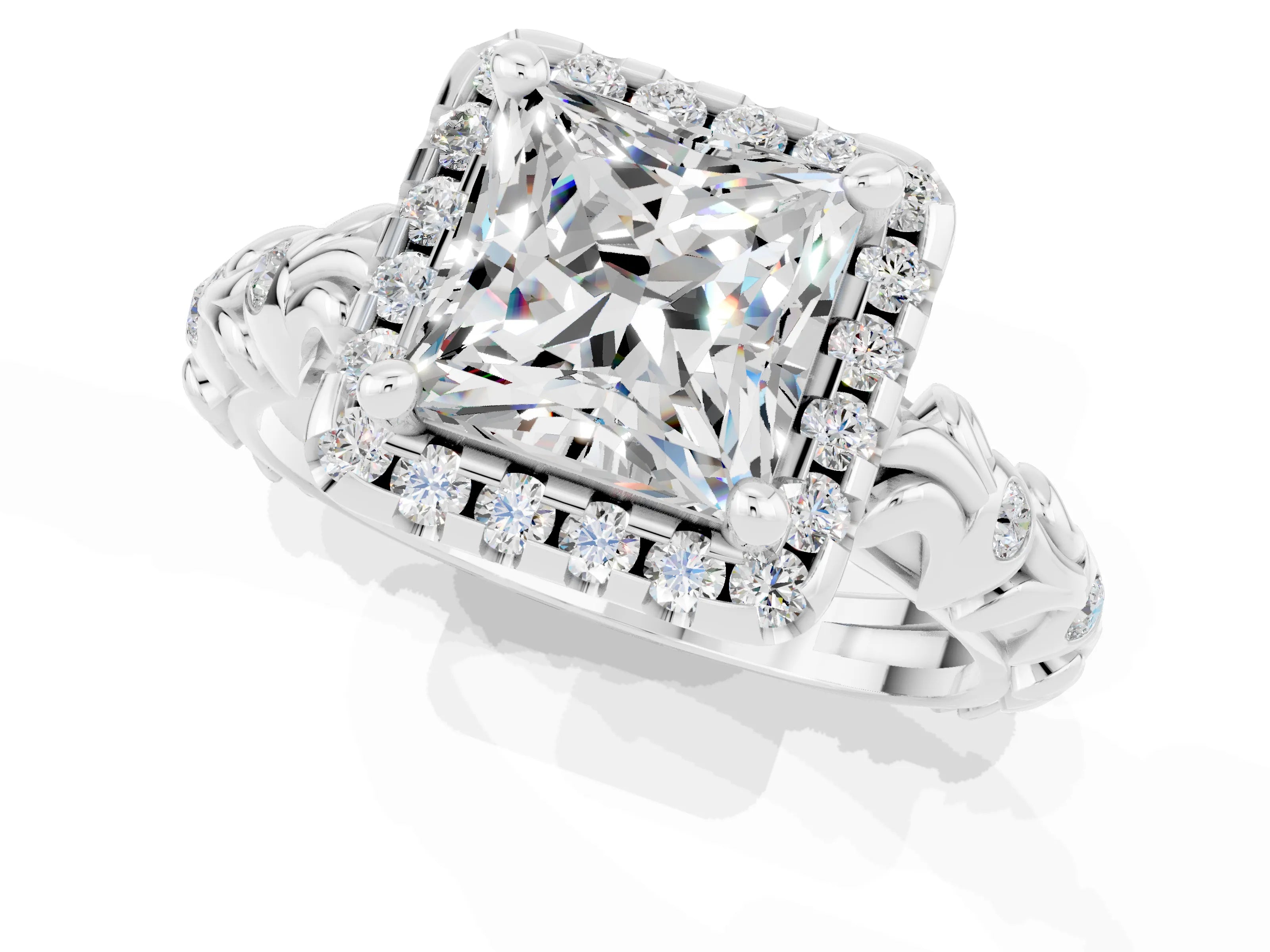 White gold Princess Cut Halo Diamond Solitaire with Filigree Band and Four-Prong Setting_1