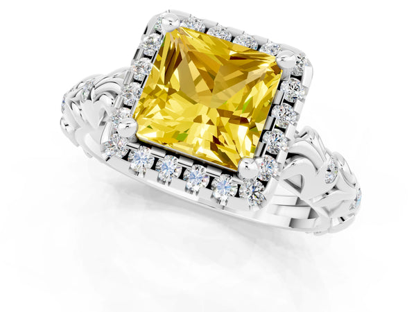 Silver Princess Cut Yellow Sapphire Halo Ring with Filigree Band and Prong Setting