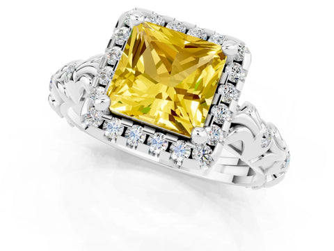 White gold Princess Cut Halo Diamond Solitaire with Filigree Band and Four-Prong Setting_1