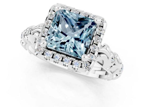 Platinum Princess Cut Aquamarine Halo Ring with Filigree Band and Prong Setting