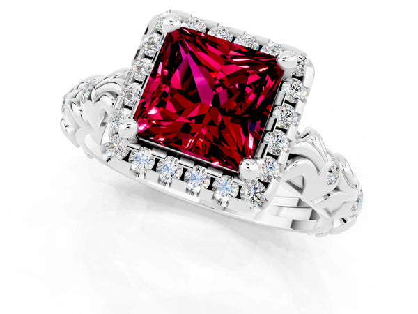 White gold Princess Cut Garnet Halo Ring with Filigree Band and Prong Setting