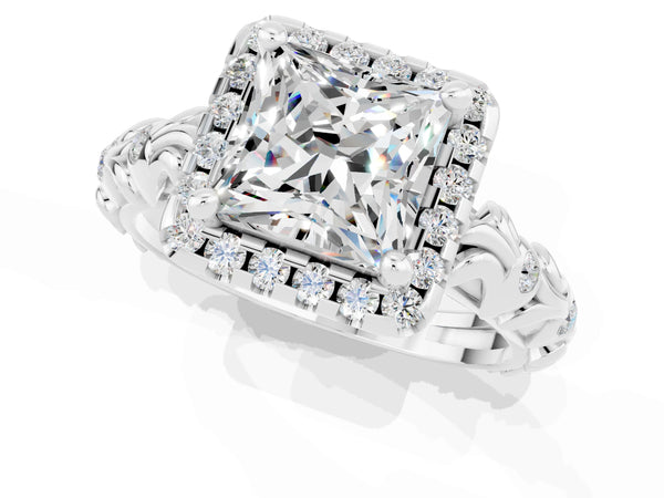 Platinum Princess Cut Moissanite Halo Ring with Filigree Band and Prong Setting
