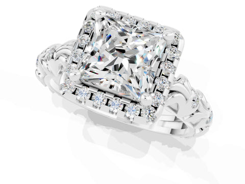 White gold Princess Cut Halo Diamond Solitaire with Filigree Band and Four-Prong Setting_1